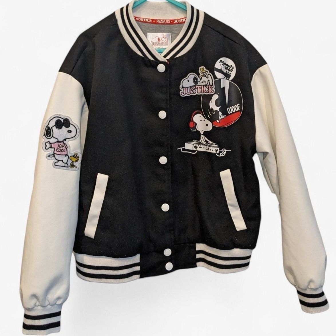 Justice Peanuts And Snoopy Varsity Jacket Girls Size 7/8 Snap Front Rare